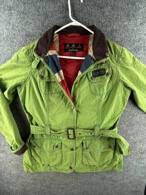 Barbour “vintage International” Waxed Jacket Women Snap Up Size 12 US Green